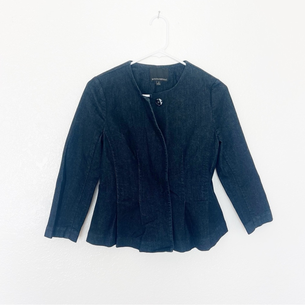 Banana Republic Denim Jacket Dark Navy Blue Fitted Tailored Peplum Blazer Coat 0